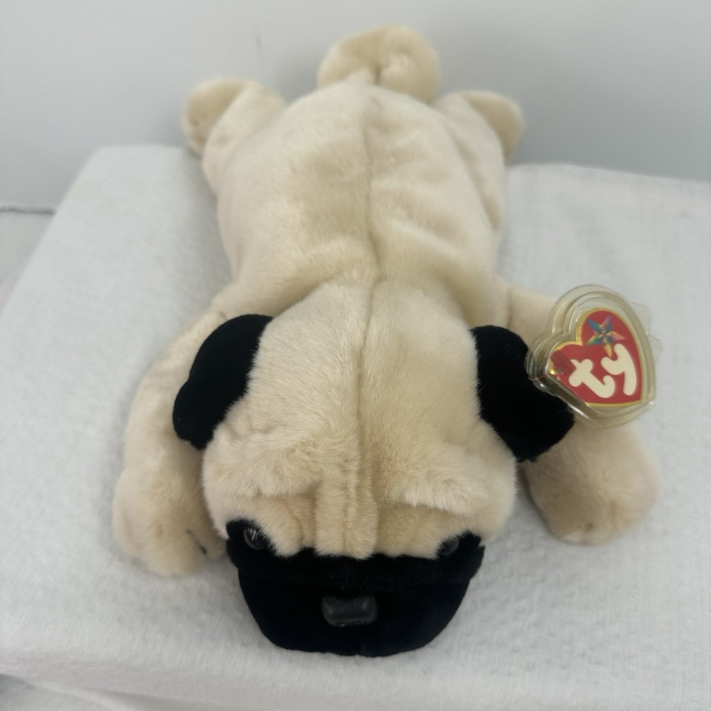 Ty Pugsly Pug Dog Plush Tan 12" Stuffed Animal Beanie Buddies 2001 Black Ears